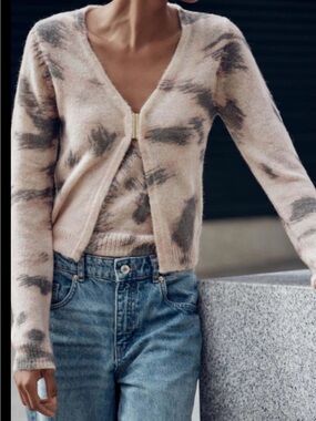 Zara Pink and Gray Tie-Dye V-Neck Cardigan Sweater